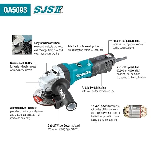 Makita GA5093 5" SJS™II High-Power Angle Grinder, Paddle Switch, w/Brake - Image 3